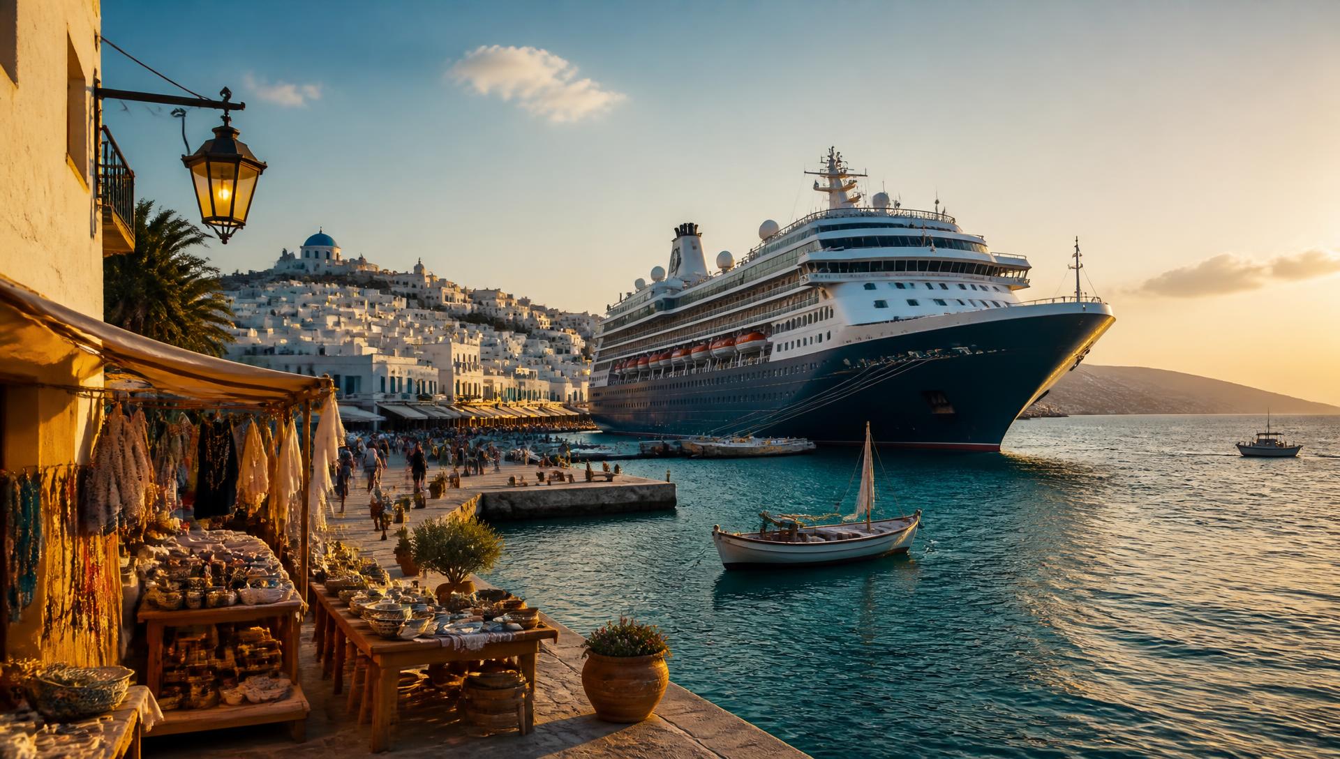 Cruise ship docked beside a harbour artisan market at golden hour